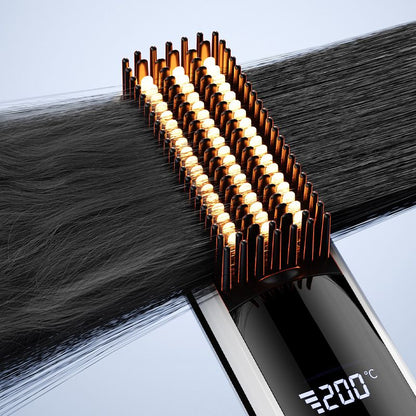 Black Wireless Rechargeable Hair Straightener Brush with LCD Display - USB-C Fast Charging, 3 Heat Settings, Cool Air Function - Portable Ceramic Heating Comb for Travel and Home Use