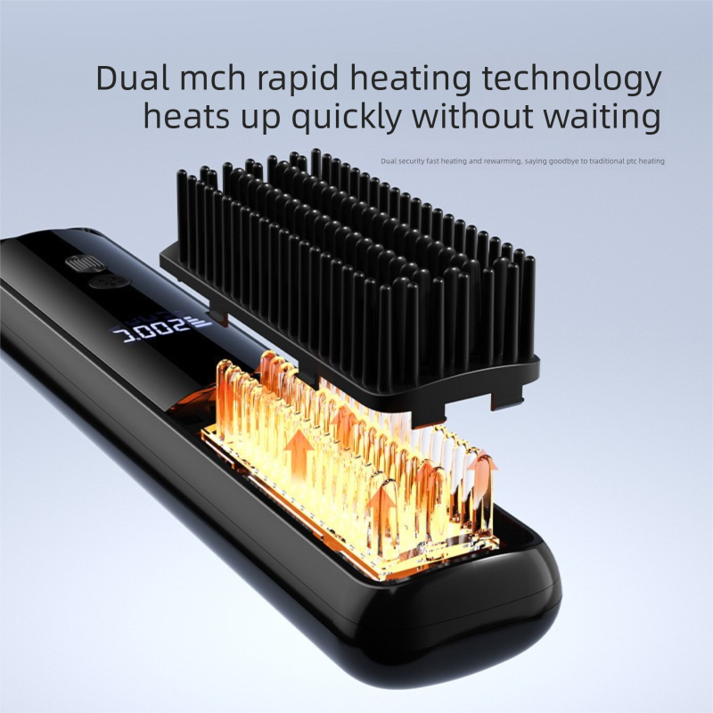 Black Wireless Rechargeable Hair Straightener Brush with LCD Display - USB-C Fast Charging, 3 Heat Settings, Cool Air Function - Portable Ceramic Heating Comb for Travel and Home Use