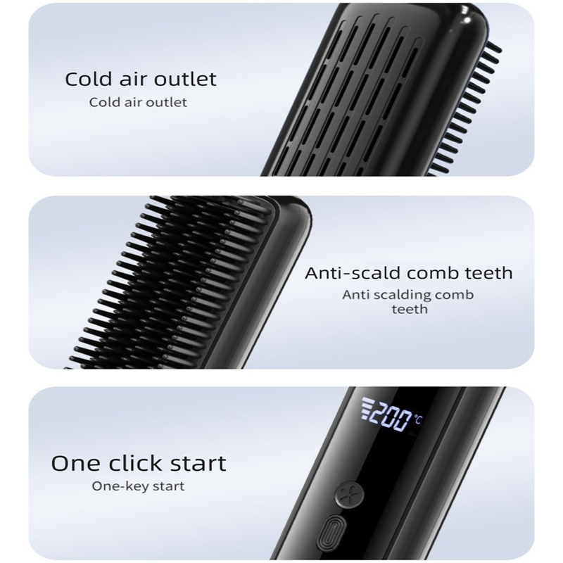 Black Wireless Rechargeable Hair Straightener Brush with LCD Display - USB-C Fast Charging, 3 Heat Settings, Cool Air Function - Portable Ceramic Heating Comb for Travel and Home Use
