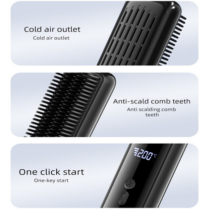 Black Wireless Rechargeable Hair Straightener Brush with LCD Display - USB-C Fast Charging, 3 Heat Settings, Cool Air Function - Portable Ceramic Heating Comb for Travel and Home Use