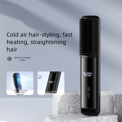 Black Wireless Rechargeable Hair Straightener Brush with LCD Display - USB-C Fast Charging, 3 Heat Settings, Cool Air Function - Portable Ceramic Heating Comb for Travel and Home Use