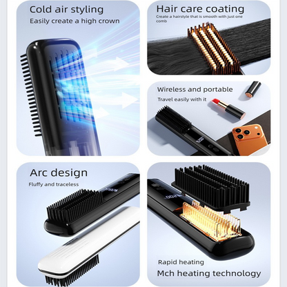 Black Wireless Rechargeable Hair Straightener Brush with LCD Display - USB-C Fast Charging, 3 Heat Settings, Cool Air Function - Portable Ceramic Heating Comb for Travel and Home Use