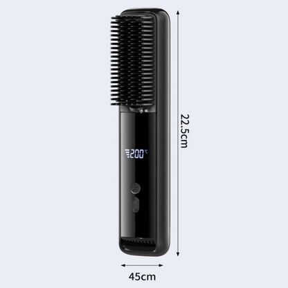 Black Wireless Rechargeable Hair Straightener Brush with LCD Display - USB-C Fast Charging, 3 Heat Settings, Cool Air Function - Portable Ceramic Heating Comb for Travel and Home Use