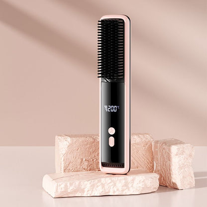 Pink wireless rechargeable hair straightener brush with LCD display, ceramic heating, USB-C charging, and multiple heat settings.