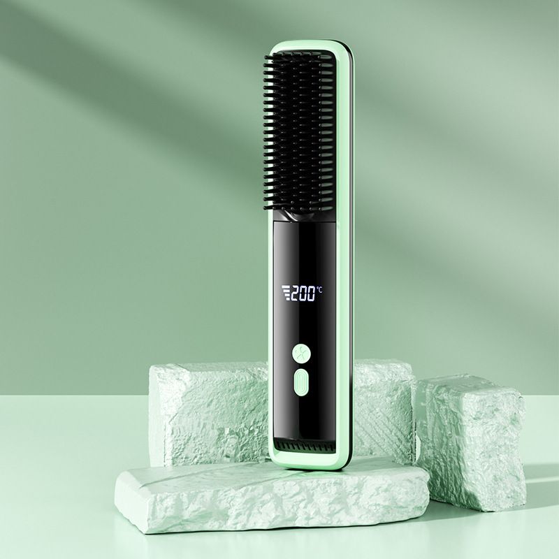 Green wireless rechargeable hair straightener brush with LCD display, ceramic heating, USB-C charging, and cool air function.