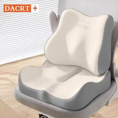 Off-White ergonomic memory foam seat cushion with lumbar support, breathable contour design for office, car, and home use.