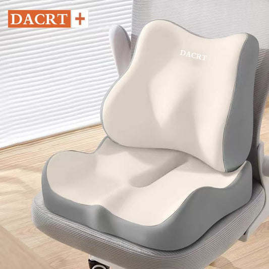 Off-White ergonomic memory foam seat cushion with lumbar support, breathable contour design for office, car, and home use.