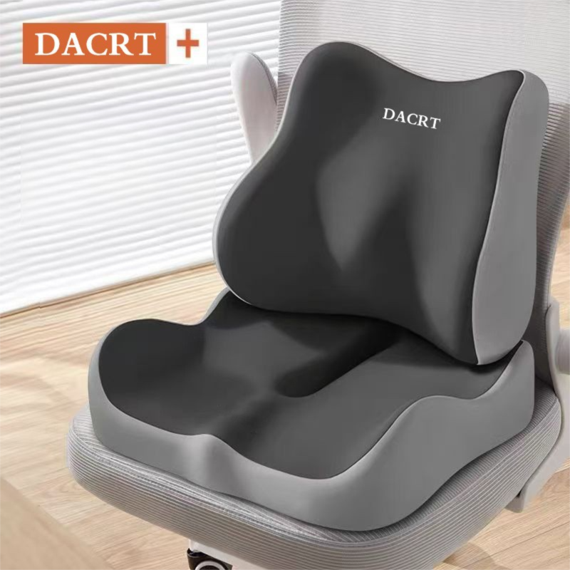 Grey ergonomic memory foam seat cushion with lumbar support, breathable design for office, car, or home use to improve posture and comfort.