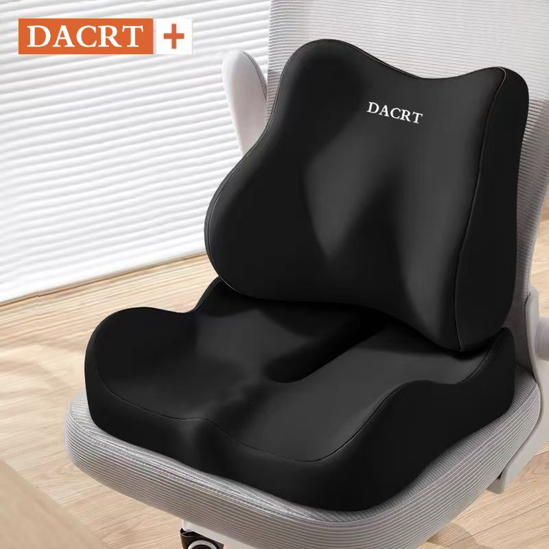 Black ergonomic memory foam seat cushion with lumbar support, breathable contoured design for office, car, and home comfort.