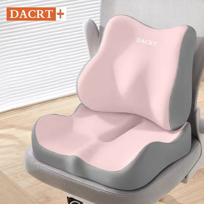 Pink ergonomic memory foam seat cushion with lumbar support, breathable design for office, car, or home use to improve posture and comfort.