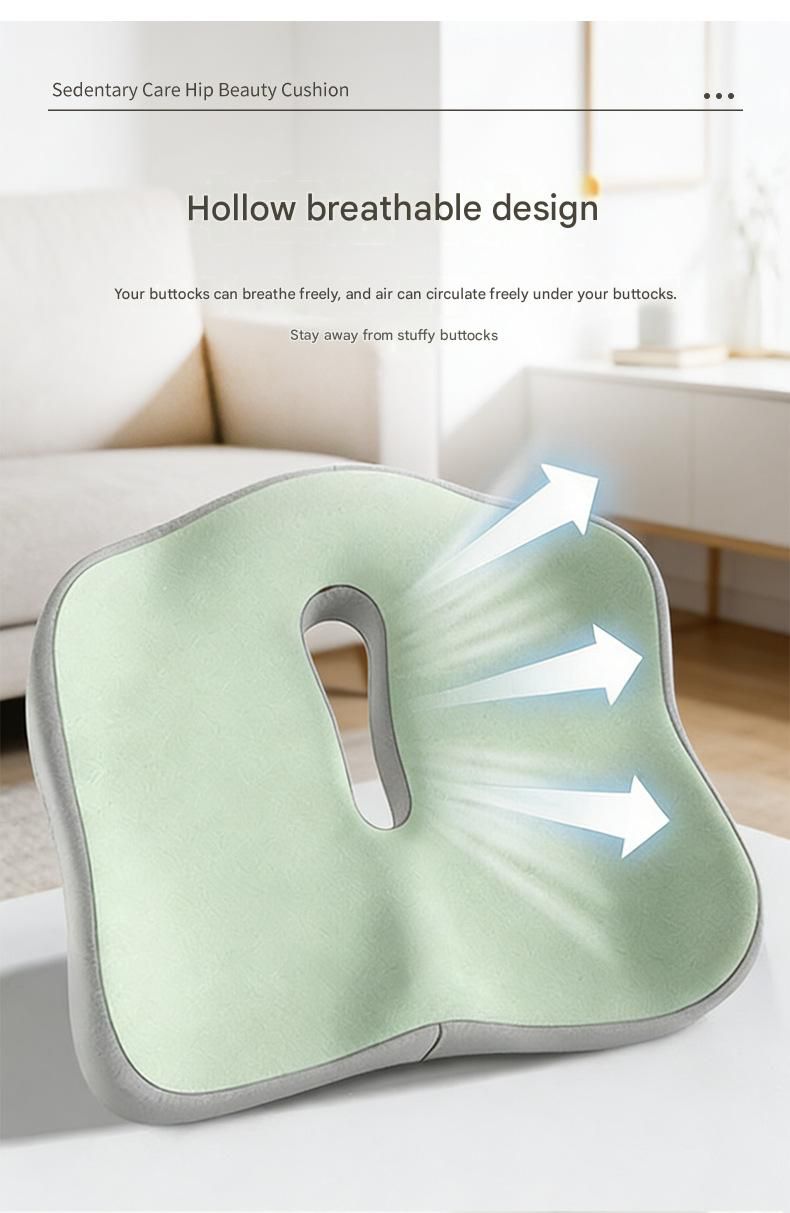 Green ergonomic memory foam seat cushion with lumbar support, breathable design for office, car, and home comfort.