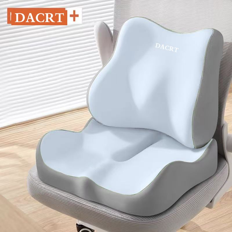Blue ergonomic memory foam seat cushion with lumbar support, breathable design for office, car, and home use, relieves pressure.