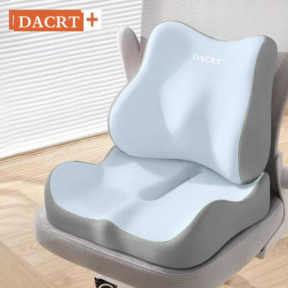 Blue ergonomic memory foam seat cushion with lumbar support, breathable design for office, car, and home use, relieves pressure.