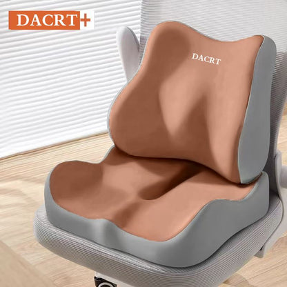 Brown ergonomic memory foam seat cushion with lumbar support, breathable design for office, car, and home comfort.