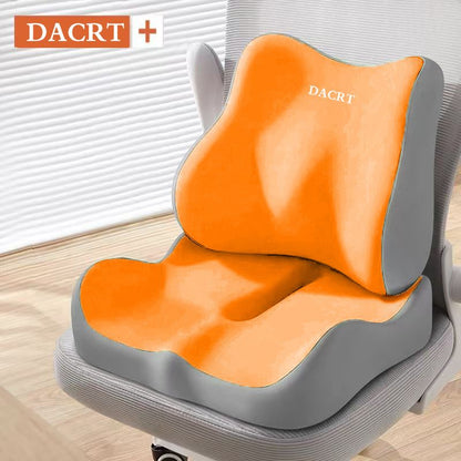 Orange ergonomic memory foam seat cushion with lumbar support, breathable, contoured design for office, car, and home comfort.