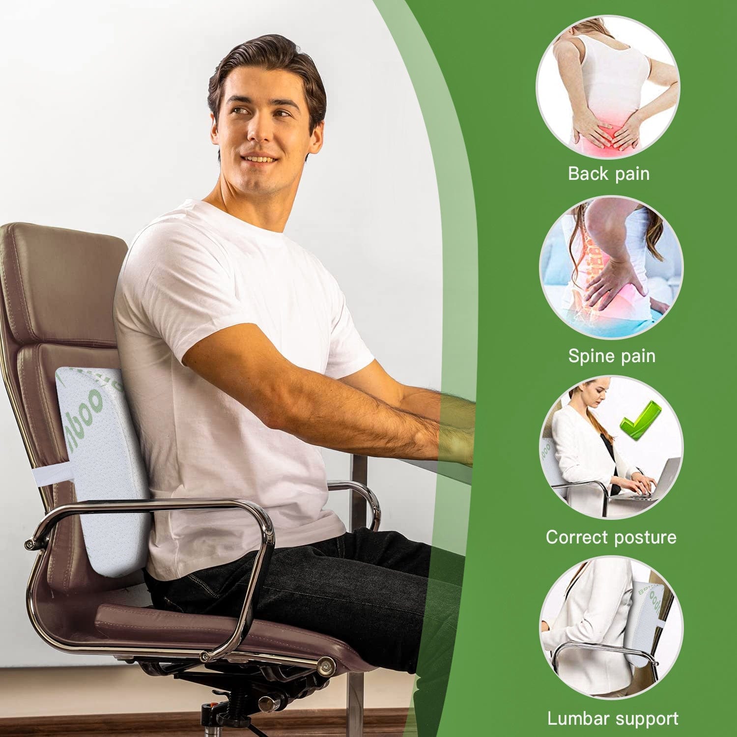 Hlpmedical bamboo memory foam lumbar support cushion for improved posture and back comfort in health and wellbeing.