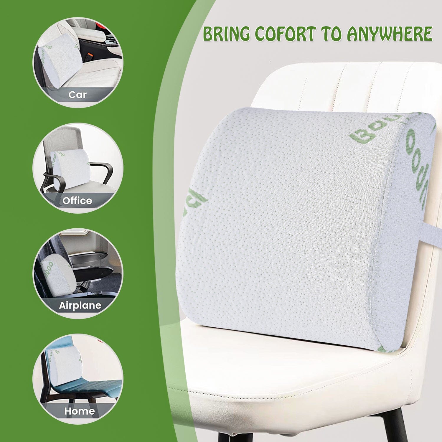 Hlpmedical bamboo memory foam lumbar support cushion for back pain relief and improved posture, shown on a chair.