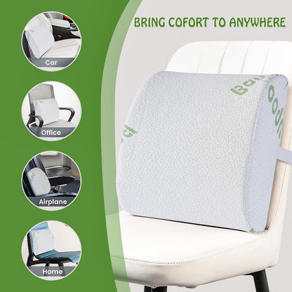 Hlpmedical bamboo memory foam lumbar support cushion for back pain relief and improved posture, shown on a chair.