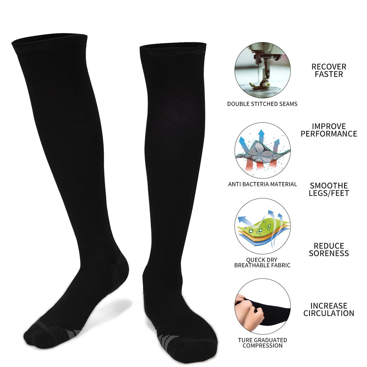 Pair of Hlpmedical Miracle Compression Socks in large/XL for improved circulation and leg support, shown in black with ribbed design.