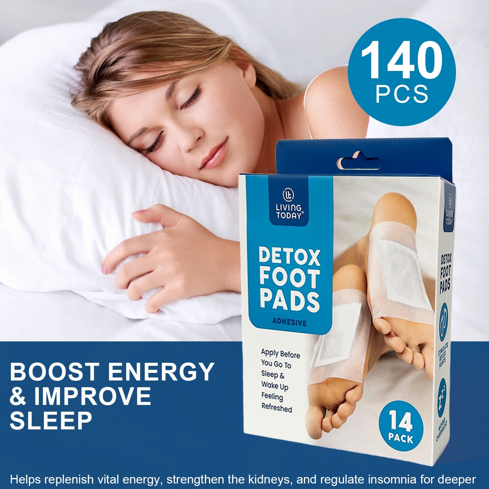 Hlpmedical 140-pack herbal detox foot pads on white background, showing natural ingredients and patch size for cleansing and relaxation.