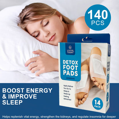 Hlpmedical 140-pack herbal detox foot pads on white background, showing natural ingredients and patch size for cleansing and relaxation.