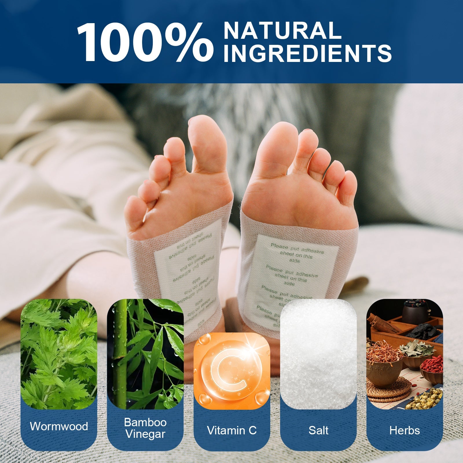 Set of 42 Hlpmedical detox foot pads for cleansing and relaxation, displayed in a clear plastic tray with packaging.