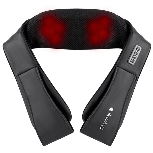 Hlpmedical heated shiatsu neck massager with adjustable straps and massage nodes for relaxation and tension relief.