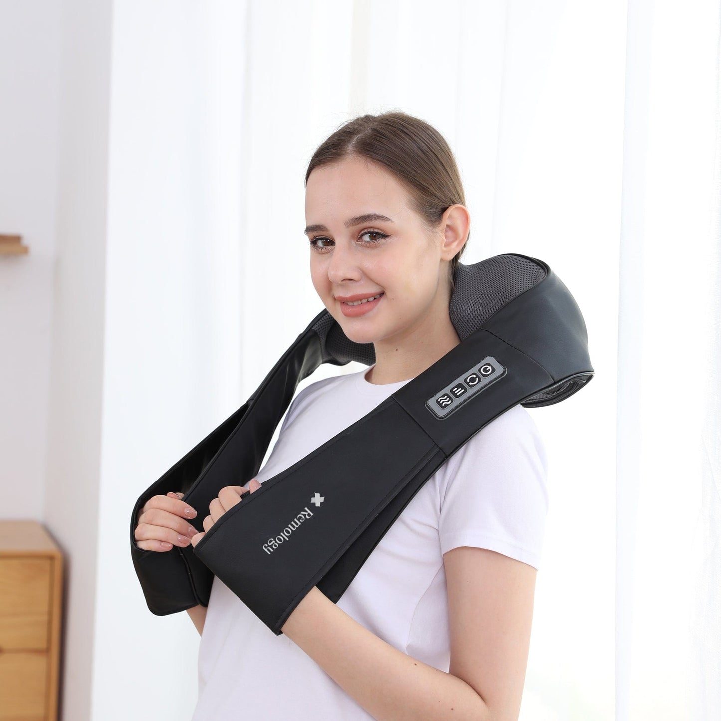 Heated Shiatsu neck massager by Hlpmedical with adjustable nodes and straps for soothing relaxation and muscle relief.