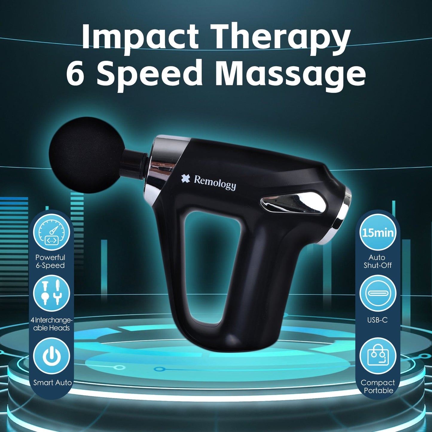 Hlpmedical Remology Impact Therapy 6 adaptive speed USB-C massage gun with four interchangeable heads for muscle relief.