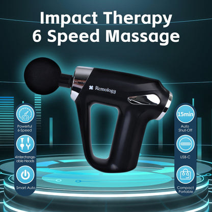 Hlpmedical Remology Impact Therapy 6 adaptive speed USB-C massage gun with four interchangeable heads for muscle relief.