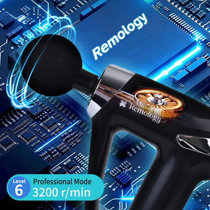 Hlpmedical Remology Impact Therapy 6 USB-C massage gun with four interchangeable heads for muscle relief and relaxation.