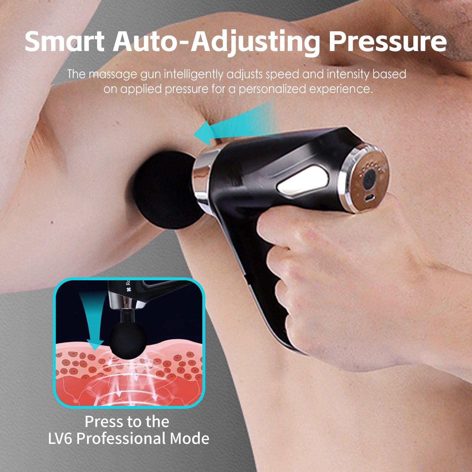 Hlpmedical Remology Impact Therapy 6 adaptive speed USB-C massage gun with 4 interchangeable heads for muscle relaxation.