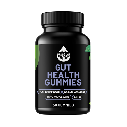 Hlpmedical Elevated Extracts Gut Health Gummies featuring 30 strawberry-flavored dietary supplement gummies for digestive support.