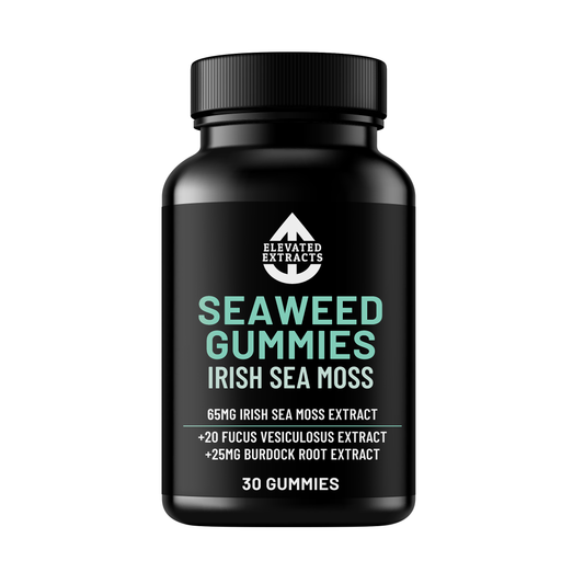 Elevated Extracts Irish Sea Moss Gummies by Hlpmedical, 30 vegan supplements with natural sea moss flavor in a clear container.