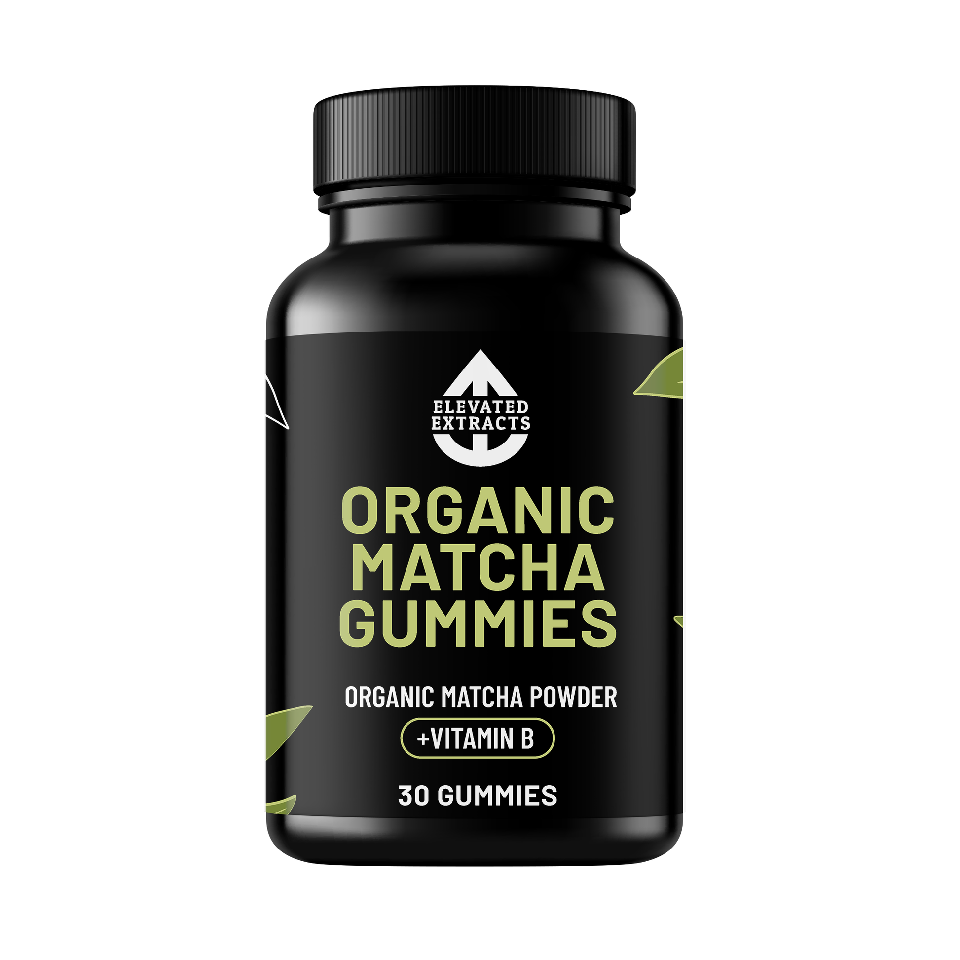 Organic matcha gummies from Elevated Extracts in a clear container, showing green, chewable supplement gummies.
