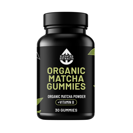 Organic matcha gummies from Elevated Extracts in a clear container, showing green, chewable supplement gummies.