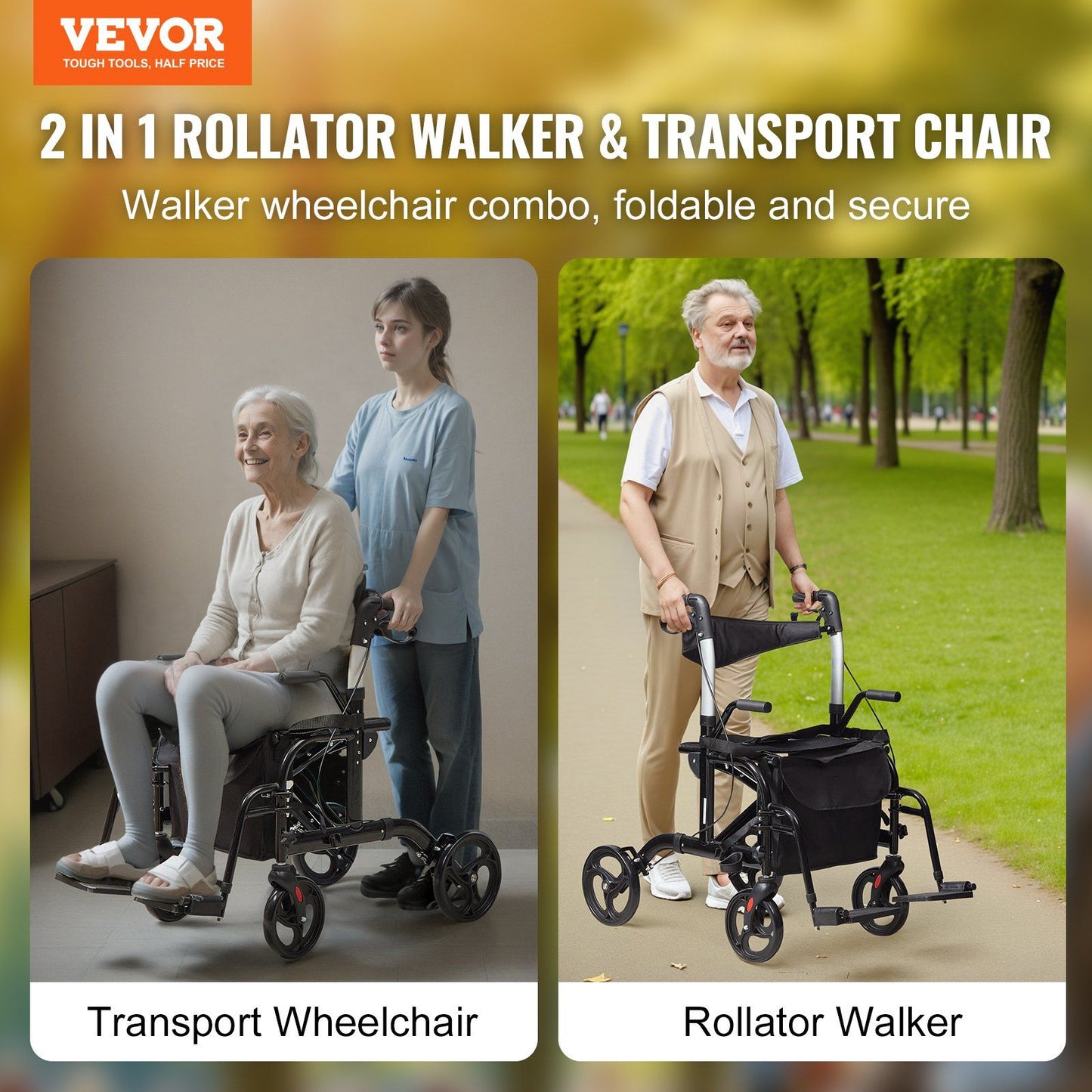 Hlpmedical 2-in-1 rollator walker and transport chair for seniors, lightweight aluminum with adjustable handles and all-terrain wheels.