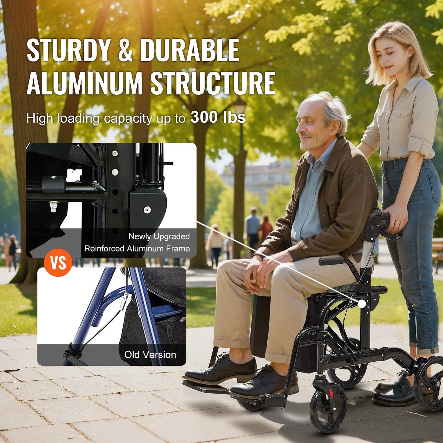 Hlpmedical 2-in-1 rollator walker and transport chair with adjustable handles, all-terrain wheels, lightweight aluminum, and footrests.