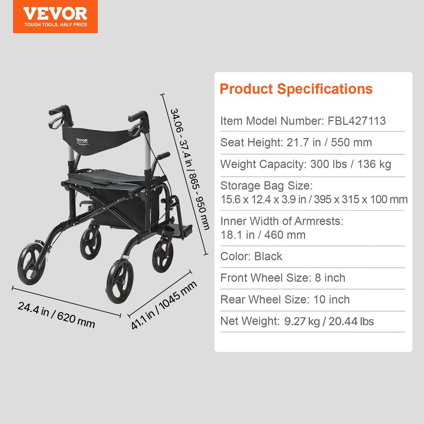 Hlpmedical 2-in-1 rollator walker and transport chair with adjustable handles, lightweight aluminum frame, all-terrain wheels, and footrests.
