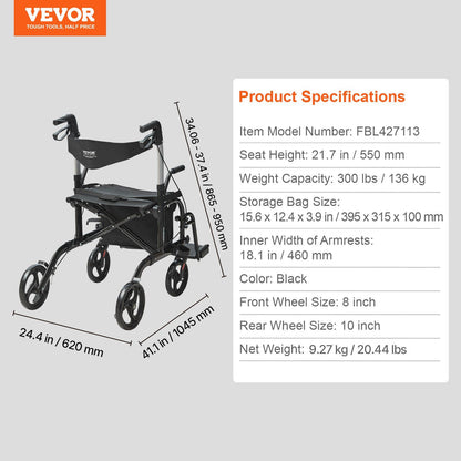 Hlpmedical 2-in-1 rollator walker and transport chair with adjustable handles, lightweight aluminum frame, all-terrain wheels, and footrests.