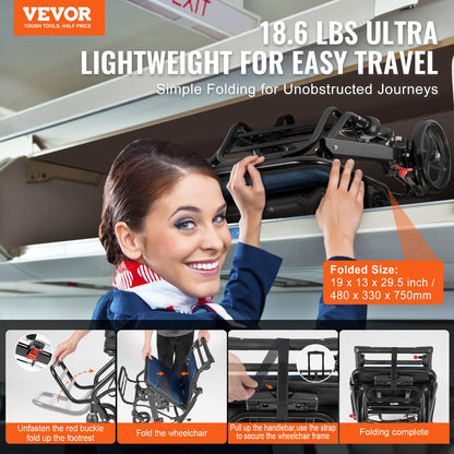 Lightweight aluminum alloy foldable wheelchair with flip-back arms, self-locking brakes, and a 15.75-inch wide seat for adults.