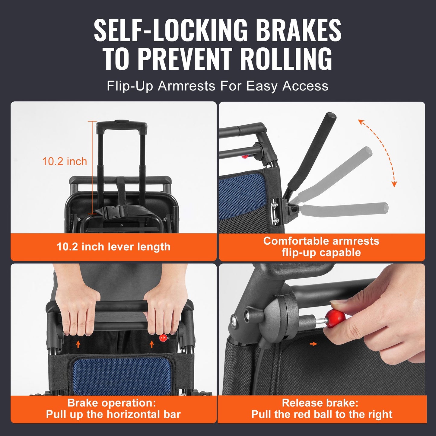 Aluminum alloy lightweight transport wheelchair with foldable frame, flip-back arms, self-locking brake, and 15.75-inch wide seat.