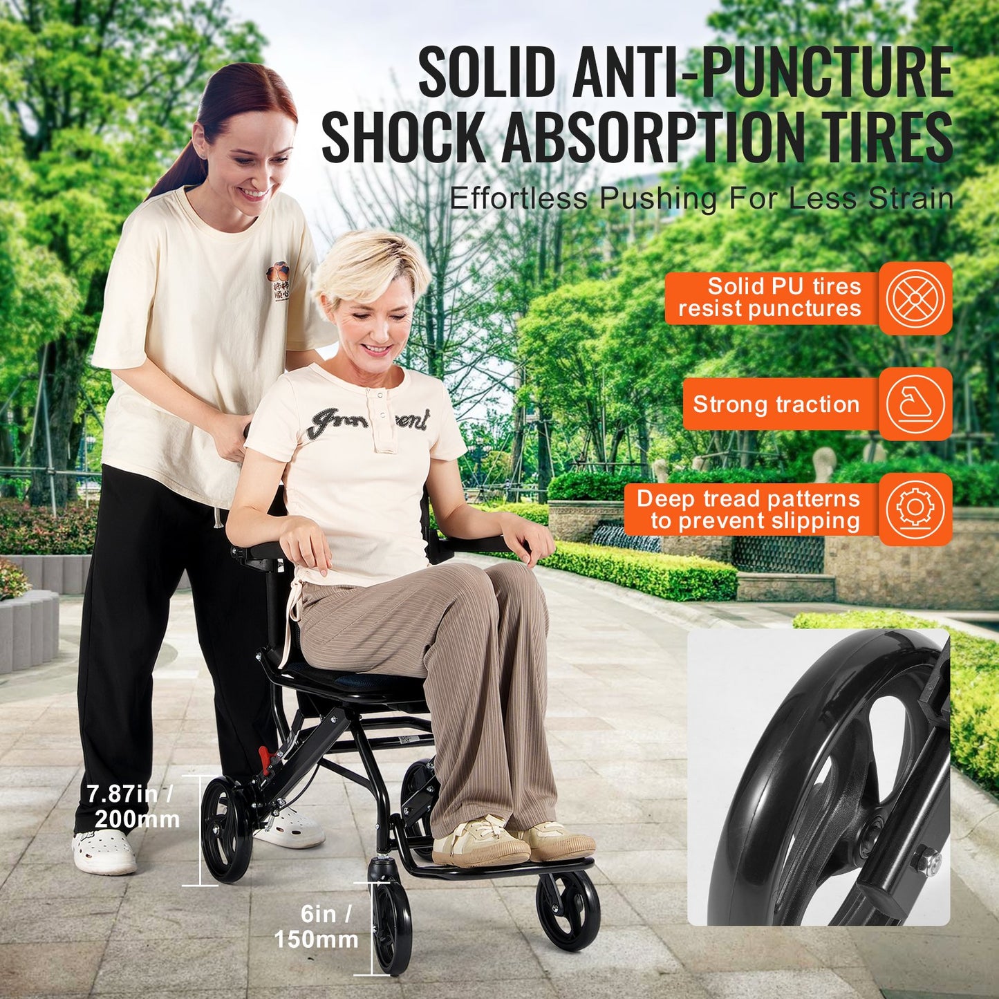 Aluminum alloy lightweight transport wheelchair with foldable design, flip-back arms, self-locking brakes, and 15.75-inch seat width.