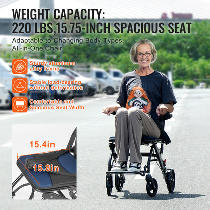 Aluminum alloy lightweight transport wheelchair with foldable frame, flip-back arms, self-locking brakes, and 15.75-inch wide seat.