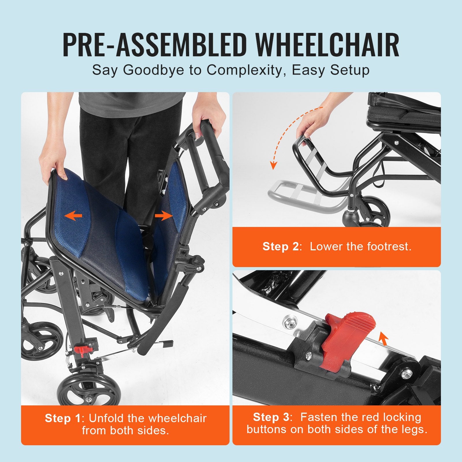 Lightweight aluminum alloy foldable wheelchair with flip-back arms, self-locking brakes, and a 15.75-inch wide seat for adults.