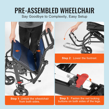 Lightweight aluminum alloy foldable wheelchair with flip-back arms, self-locking brakes, and a 15.75-inch wide seat for adults.