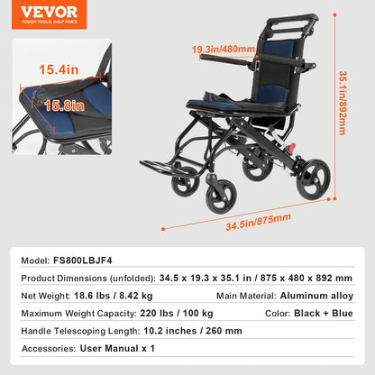 Aluminum alloy lightweight foldable wheelchair with flip-back arms, self-locking brakes, 15.75-inch wide seat for adults.