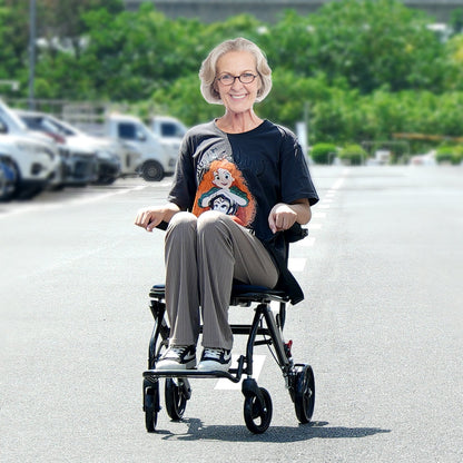 Aluminum alloy lightweight foldable wheelchair with flip-back arms, self-locking brake, and 15.75-inch seat for adult mobility.