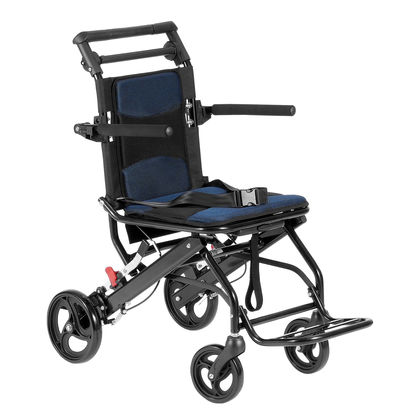 Aluminum alloy lightweight transport wheelchair with foldable frame, flip-back arms, self-locking brakes, and 15.75-inch seat width.
