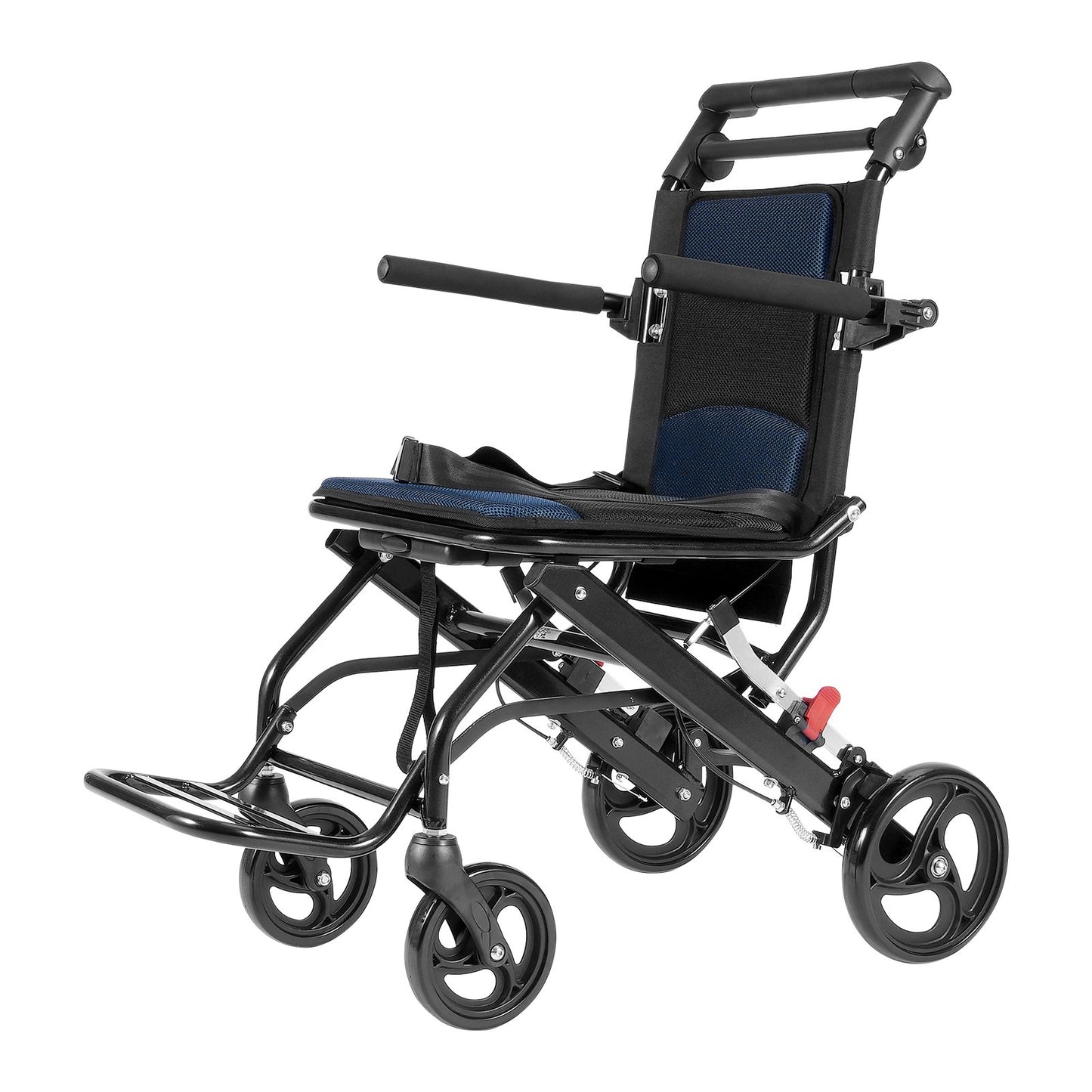 Aluminum alloy lightweight foldable wheelchair with 15.75-inch seat, flip-back arms, self-locking brakes, for adult mobility aid.